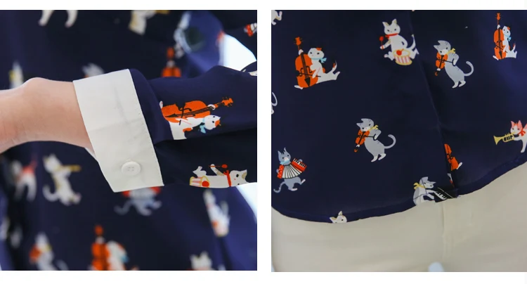 Весенняя рубашка с рисунком кота, женская шифоновая блуза с длинным рукавом и кружевным воротником Питера Пэна, женские офисные рубашки, блузы E0182