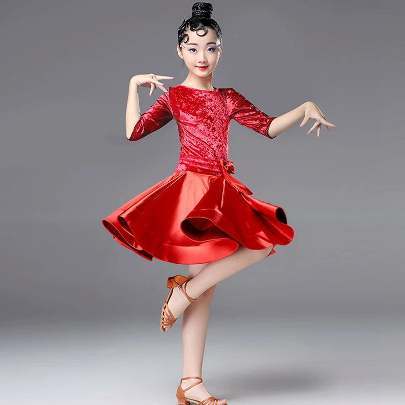 Детское платье для латинских танцев; бархатное платье с длинными рукавами для девочек; одежда для латинских танцев; костюм для выступлений;