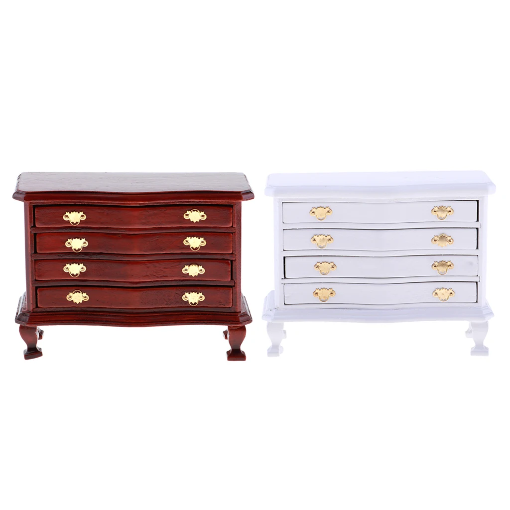 2 Set 1/12 Miniature Wooden 4-Drawer Cabinet Dresser Furniture for Dolls House Any Room Accessories Annatto & White Color