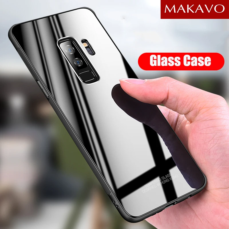 MAKAVO for Samsung Galaxy S9 Case Luxury Tempered Glass Back Cover Note 9 Hybrid Shockproof Hard Plus |