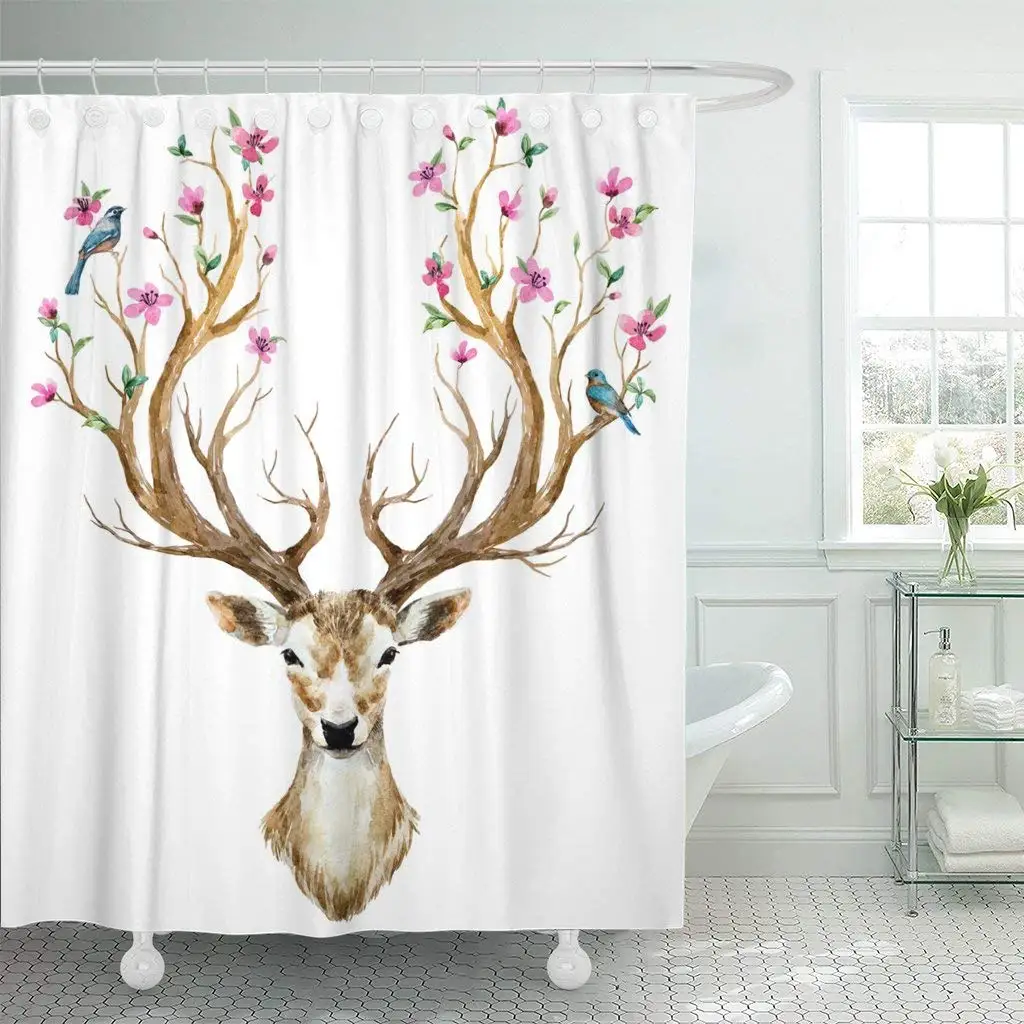 

Waterproof Shower Curtains Watercolor Deer Big Antlers Flowers and Birds on the Horns Branches Cherry Flowering Extra Long