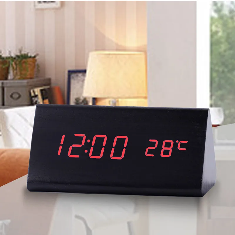 Высококачественный бамбуковый и деревянный треугольный акустический контроль светодиодный цифровой будильник термометр Horloge светящийся Relogio Despertador - Цвет: black red clock