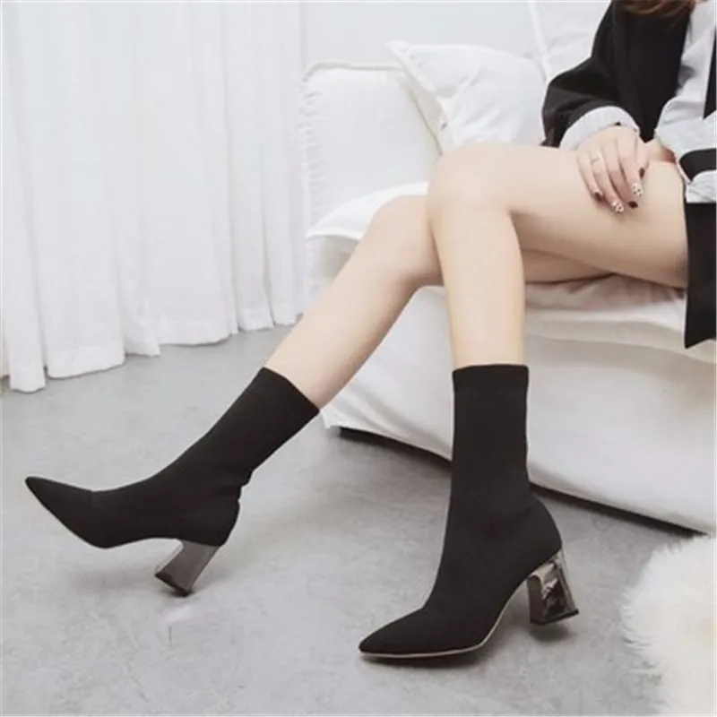 Boots Women 2019 autumn winter new pointed short tube elastic stockings boots wild thick heel boots high heel boots eu 34-39