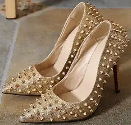 

Size 4~9 Sexy Golden High Heels Women Pumps 2016 Top Rivets Cool Women Shoes zapatos mujer (Check Foot Length)