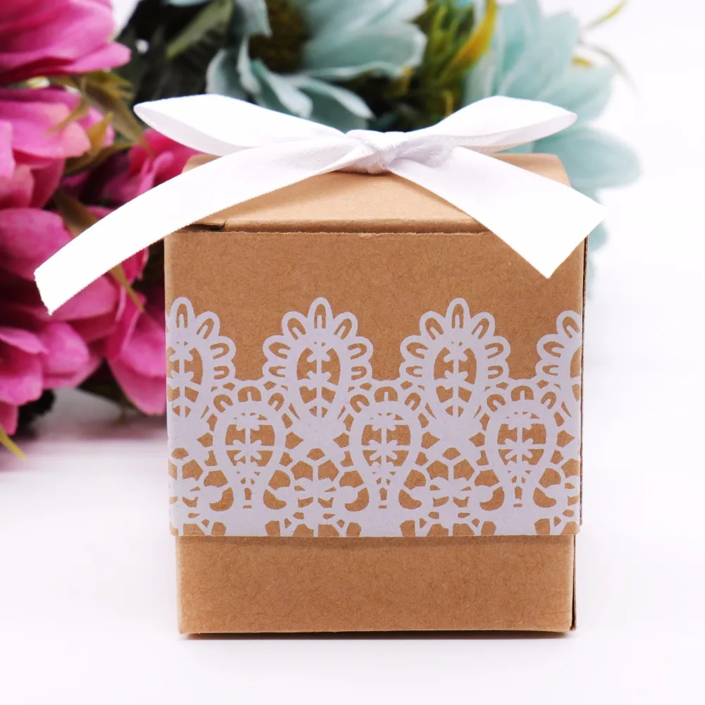 

50Pcs/lot Candy Box Rustic Kraft Favor Romantic Vintage Gift Boxes With Ribbons Wedding birthday home Party Decoration supplies
