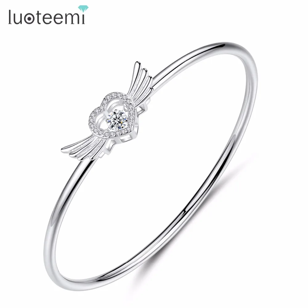 

LUOTEEMI Fashion Vogue Charm Pure 925 Sterling Silver Heart Feather Shape Bangles & Bracelets For Women Girls Silver Jewelry