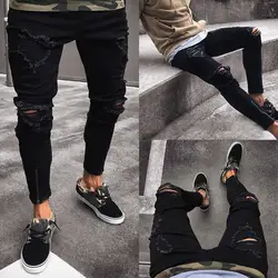 Для мужчин рваные джинсы Модные узкие черные джинсы, штаны, брюки, фирменные дизайнерские пикантные стретчевые джинсы брюки streetwar в стиле