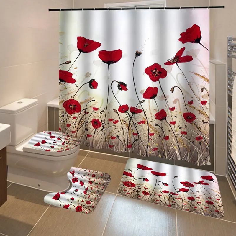 Günstig 4 Pcs Tinte Malerei Dusche Vorhang Bad Teppich Set Bad Matte Blume Wasserdichte Polyester Stoff Badezimmer Dusche Vorhang Set
