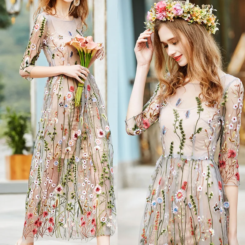 

High Range Women's Summer Dress Mesh Embroidery Dress 2 Piece 2019 New Fashion Temperament Women Clothing Club Party Dress