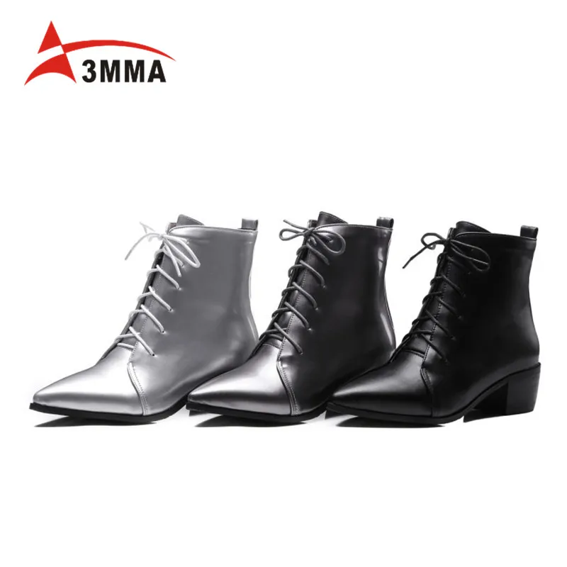 

3MMA Women Pointed Toe Ankle Boots Mid Heels Lace Up Booties with Chunky Heel Patent Leather Spring Autumn Women Shoes Big Size