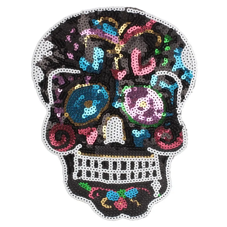 

New Arrival Sequined Skeleton Head Patches Sew on Sequins Skull Motif Patch for Clothes T-shirt DIY Decoration Appliques 2pcs
