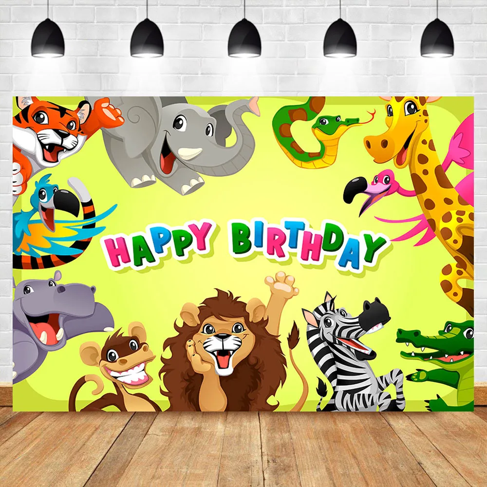 

NeoBack Cartoon Animal Birthday Backdrop Jungle Safari Happy Birthday Photography Backdrops Kids Chirl Birthday Banner Backdrops