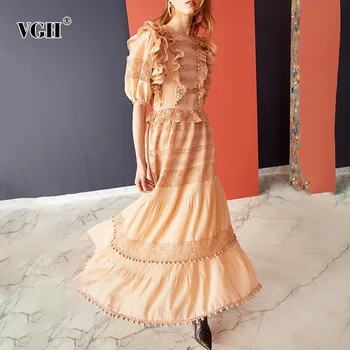 

VGH 2020 Summer Ankle-length A Line Women Dress O Neck Puff Sleeve High Waist Lace Patchwork Bohemian Female Dresses Fashion New