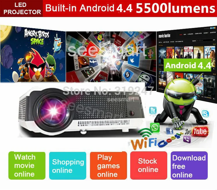 Встроенный Android 4,4 Wifi 1080P умный светодиодный Full HD 3D видео проектор Wifi цифровой мультимедийный домашний кинотеатр tv Proyector