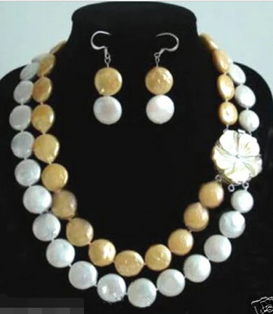 

j00296 Details about Beautiful 10-11mm White / golden coin pearl necklace Earring Sets