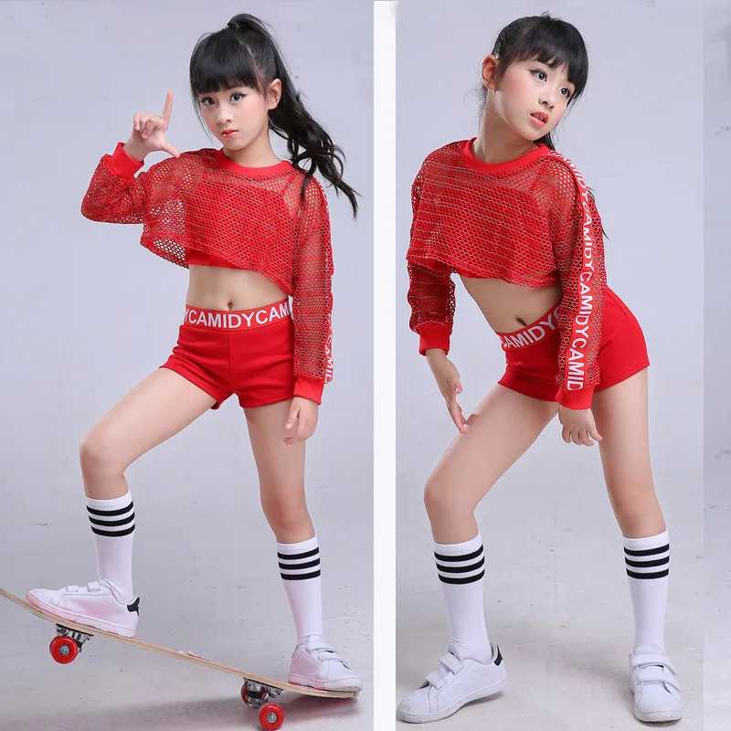 Red Kid girl jazz hip hop dance costume netted child street belly
