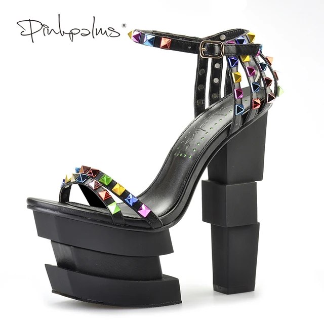 Pink Palms women summer shoes strange style high heels shoes wedge sandals colored rivets peep toe strap sandals