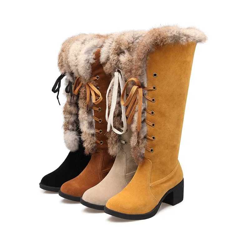 

Elegant Down Feather Winter Snow Boots for Women Knee-High Round Toe High Boots Square Heel Cross-tied Concise Warm Shoes