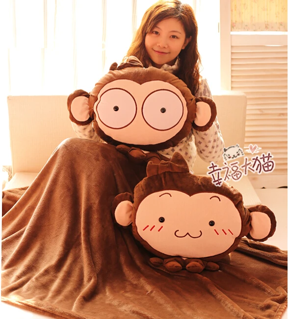 

NEW YEAR gift 1pc 100*170cm cartoon soft monkey coral velvet car air conditioning baby blanket + cushion creative stuffed gift
