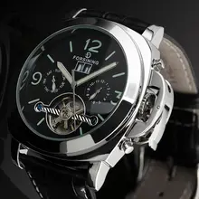 Classique Hommes de Jour/Semaine/Mois Tourbillon Mains Lumineuses Mécanique Automatique Kol Aaati Montre En Cuir PU Montre-Bracelet Cadeau la boîte Libèrent Le Bateau