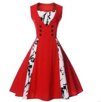 

HGFS Women 2XL New 50s 60s Retro Vintage Dress Floral Print Patchwork Sleeveless Spring Summer Red Dress Rockabilly Swing Party