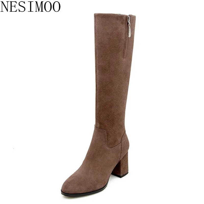 

NESIMOO 2019 Fashion Women Square High Heel Genuine Leather Round Toe Simple Fashion Solid All Match Ladies Shoes Size 34-39