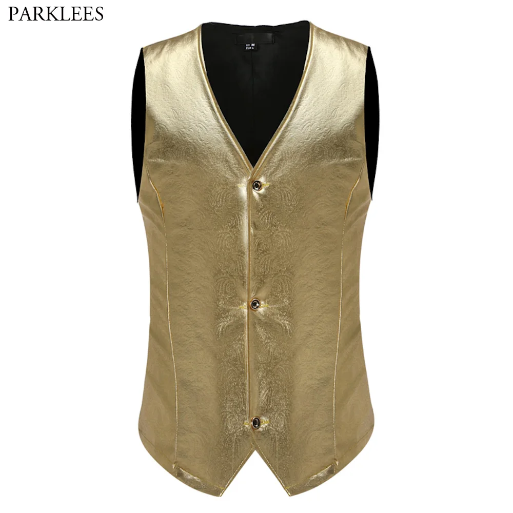 Paisley Vest Men 2017 Shiny Gold Night Club Wear Mens Suit Vest Slim Fit Men Waistcoat Stage