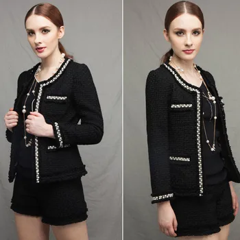 

Two Pieces Tweed Women Suit Set 2019 Autumn Winter Tweed Slim Runway Designer Blazer Fringed Trim Jacket Coat Short Suit Outfits