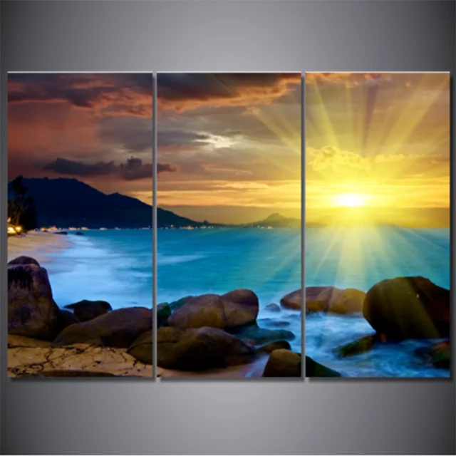 Pictures Home Decor Canvas 3 Panel Sunrise Painting Top Rated Wall Blue