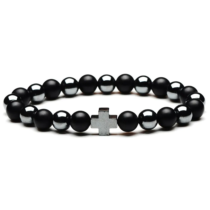 

Fashion Natural Hematite Lava Stone Beaded Bracelets Bangles Cross Charm Yoga Bracelet Men Women Jewelry Gift YWSY094