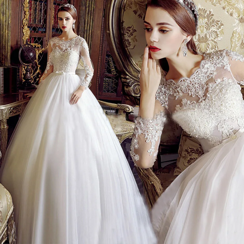 

2019 Vintage Dress for Women Ball Gown Tull Wedding Dresses Long Sleeves Lace Up Back Pearled Bridal Gowns Vestidos De Noiva