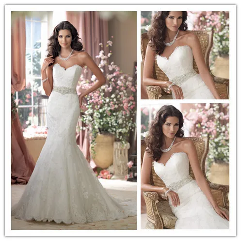 Custom Made Strapless Lace Mermaid Wedding Dress With Pearls Beaded Belt Elegant Bridal Gown Vestido de noiva sereia | Свадьбы и