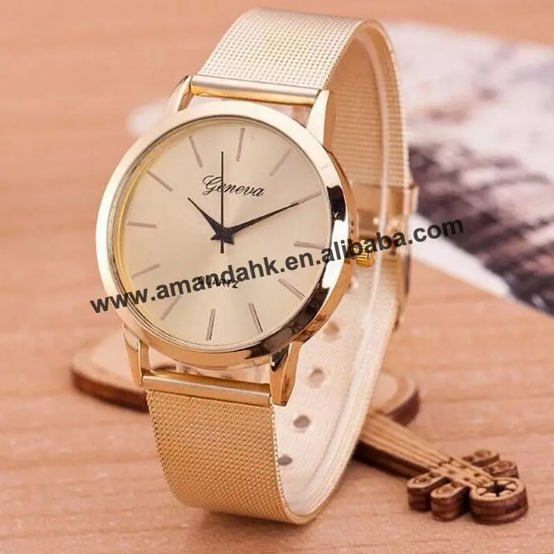 

Fashion New Gold Geneva Watch Alloy Mesh Woman Fashion Dress Watches New Brand Name Geneva Women Rhinestone Quartz Watch