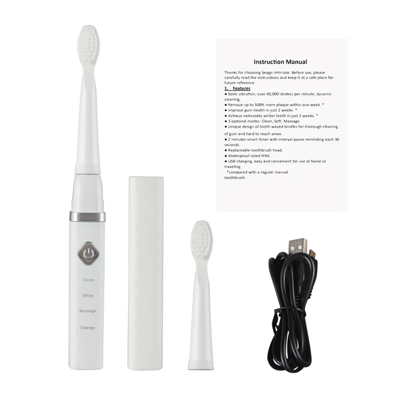  Sonic Electric Toothbrush Portable Travel USB Rechargeable With Adults Gift Automatic 2 Nozzles Wat