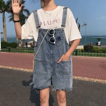 

Pocket Loose Wide Leg Denim Jumpsuits Short Jeans Jumpsuit For Women Summer High Waist Boyfriend Denim Playsuits Overalls