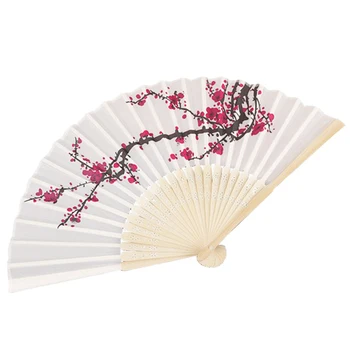 

Hot Sale 50 pcs/lot Plum flower design Elegant Folding Silk Hand Fan with Organza Gift bag Wedding Favor gift