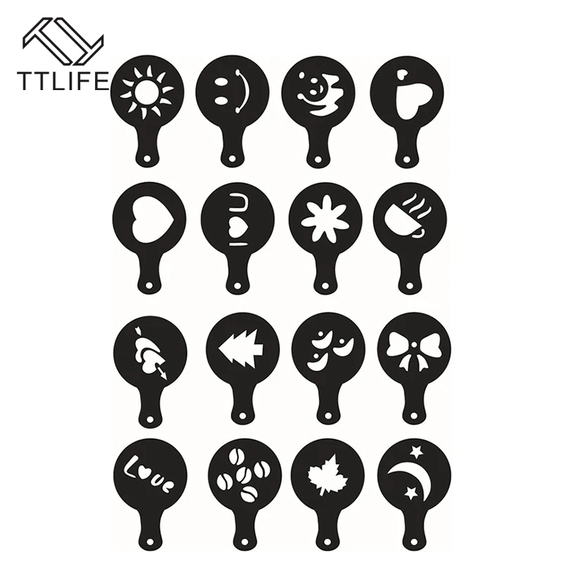 

TTLIFE 16Pcs Coffee Latte Cappuccino Pull Flower Art Stencils Strew Pad Duster Spray Cake Duster Templates Barista Pattern