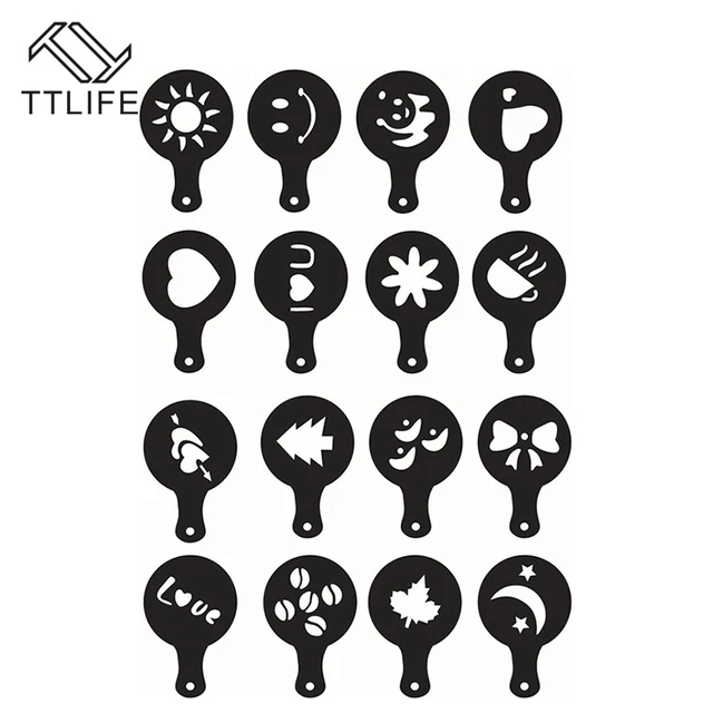 Cheap TTLIFE 16Pcs Coffee Latte Cappuccino Pull Flower Art Stencils Strew Pad Duster Spray Cake Duster Templates Barista Pattern