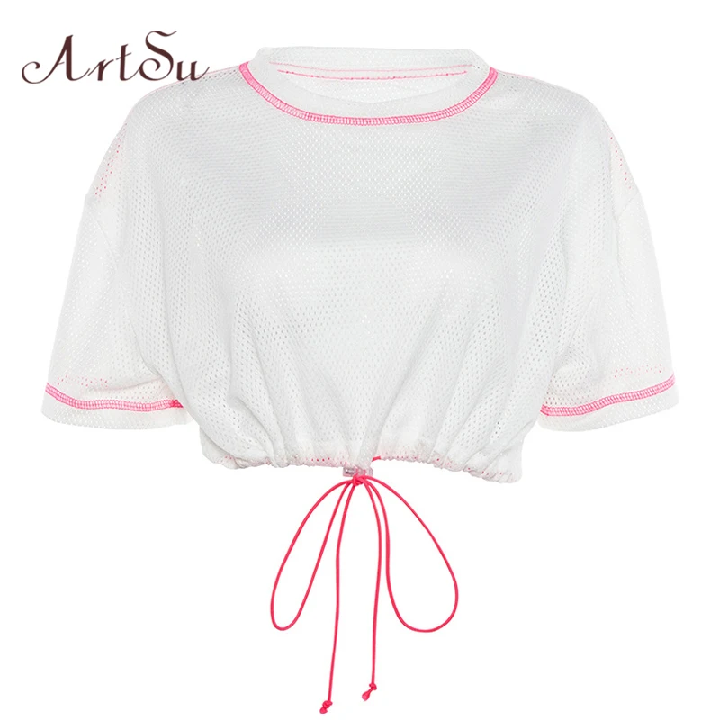 

ArtSu Summer Tops Short Sleeve Lace Up Mesh Top White T shirt Crop Top Tee Shirt Femme Streetwear Woman Shirts Casual ASTS20810