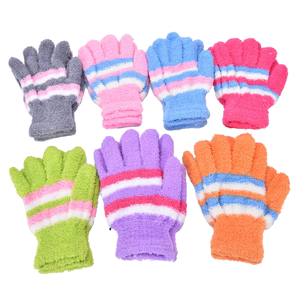 1Pair Multi Color Warm Winter Children Gloves Kids Boy Coral Finger Gloves Toddler Striped Girl
