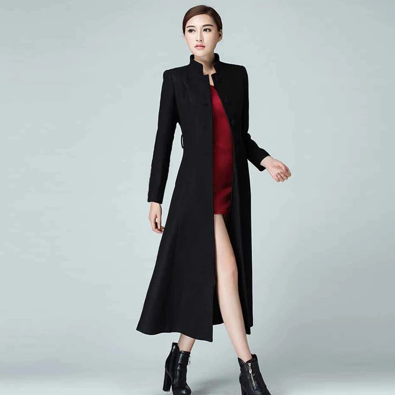 Осень Зима Мандарин Воротник Тонкий длинное пальто для женщин однобортный верхняя одежда офисные леди