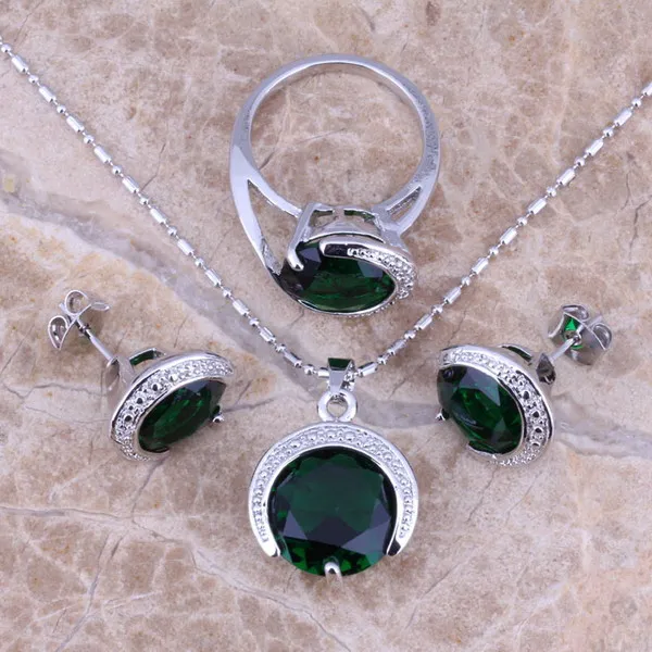 

Fantastic Green Cubic Zirconia Silver Jewelry Sets Earrings Pendant Ring For Women Size 6 / 7 / 8 / 9 / 10 S0078