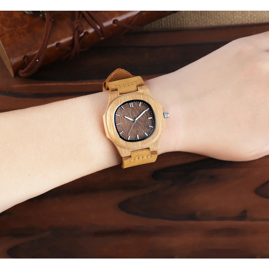 Men Women Wooden Watch Creative Round Shape Dial Light Wood Case Genuine Leather Band Bamboo Wood Clock Male Reloj de madera TOP 2017 (15)