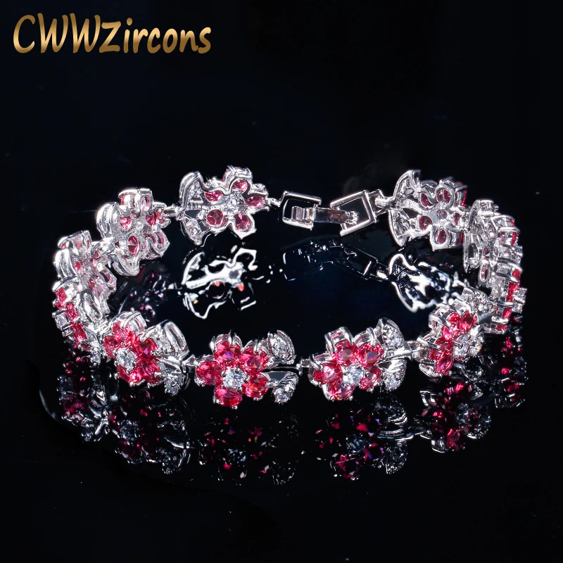 CWWZircons красивый розовый Красный кубический цирконий кристалл цветок и лист цепи звено женский свадебный браслет для невесты ювелирные изделия CB112