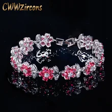 CWWZircons красивый розовый Красный кубический цирконий кристалл цветок и лист цепи звено женский свадебный браслет для невесты ювелирные изделия CB112