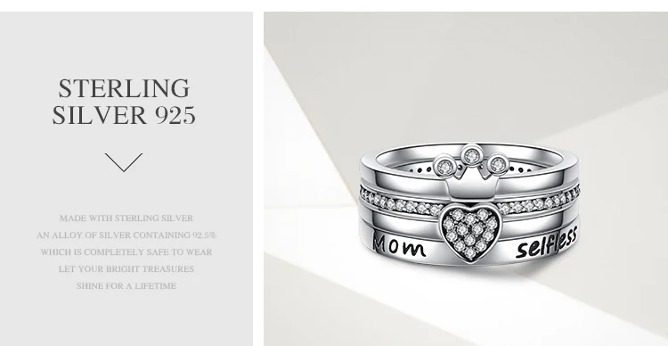 Стерлинговое Серебро 925 пробы штабелируемое сердце, корона, самоотверженное кольцо для мамы для женщин прозрачный CZ бижутерия из натурального серебра подарок ECR028
