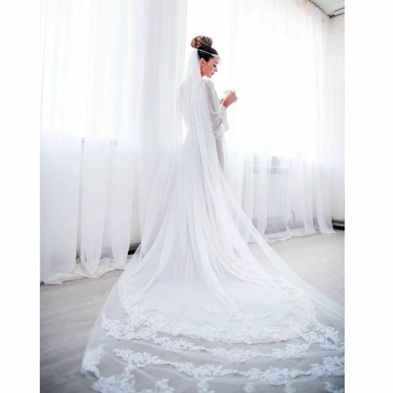 Bridal White Ivory Wedding Veil Soft Long Tail Applique Edge Lace Wedding Veil Fabric withComb Married Dress Decoration Supplies