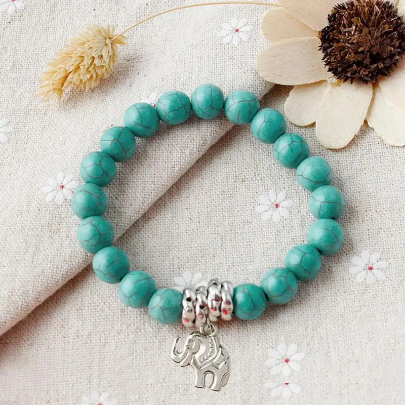 

Fashion New Brand Design Natural Stone Braclets Silver Plated Elephant Bracelets Green Beads Stretch Bracelet For Women Gift