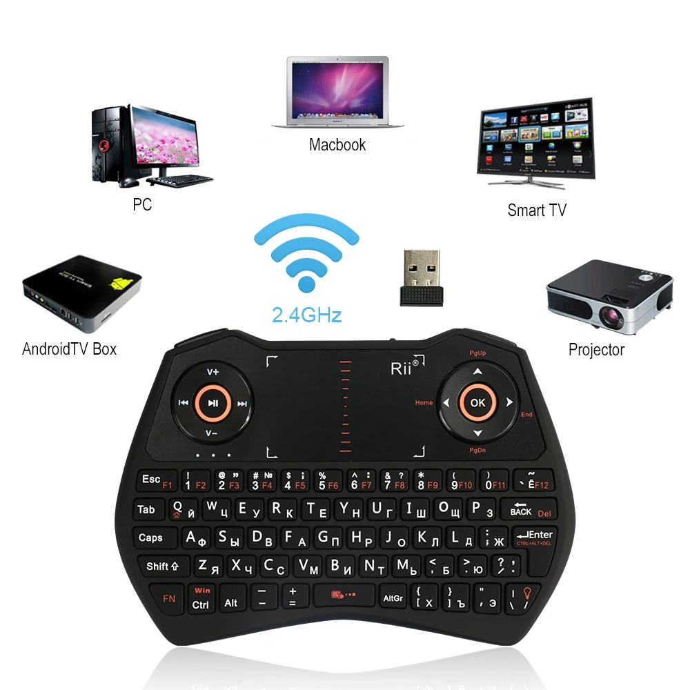  Original Rii i28C 2.4GHz Mini Russian Wireless Keyboard with Touchpad Air mouse Backlit Li-ion Batt