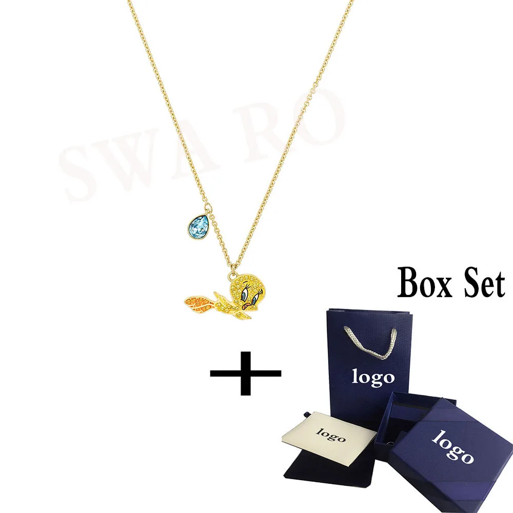 

SWA RO 2019 Fashion Childhood Style New LOONEY TUNES Tweeter Pendant Yellow Canary Green Pattern Crystal Women Jewelry Necklace